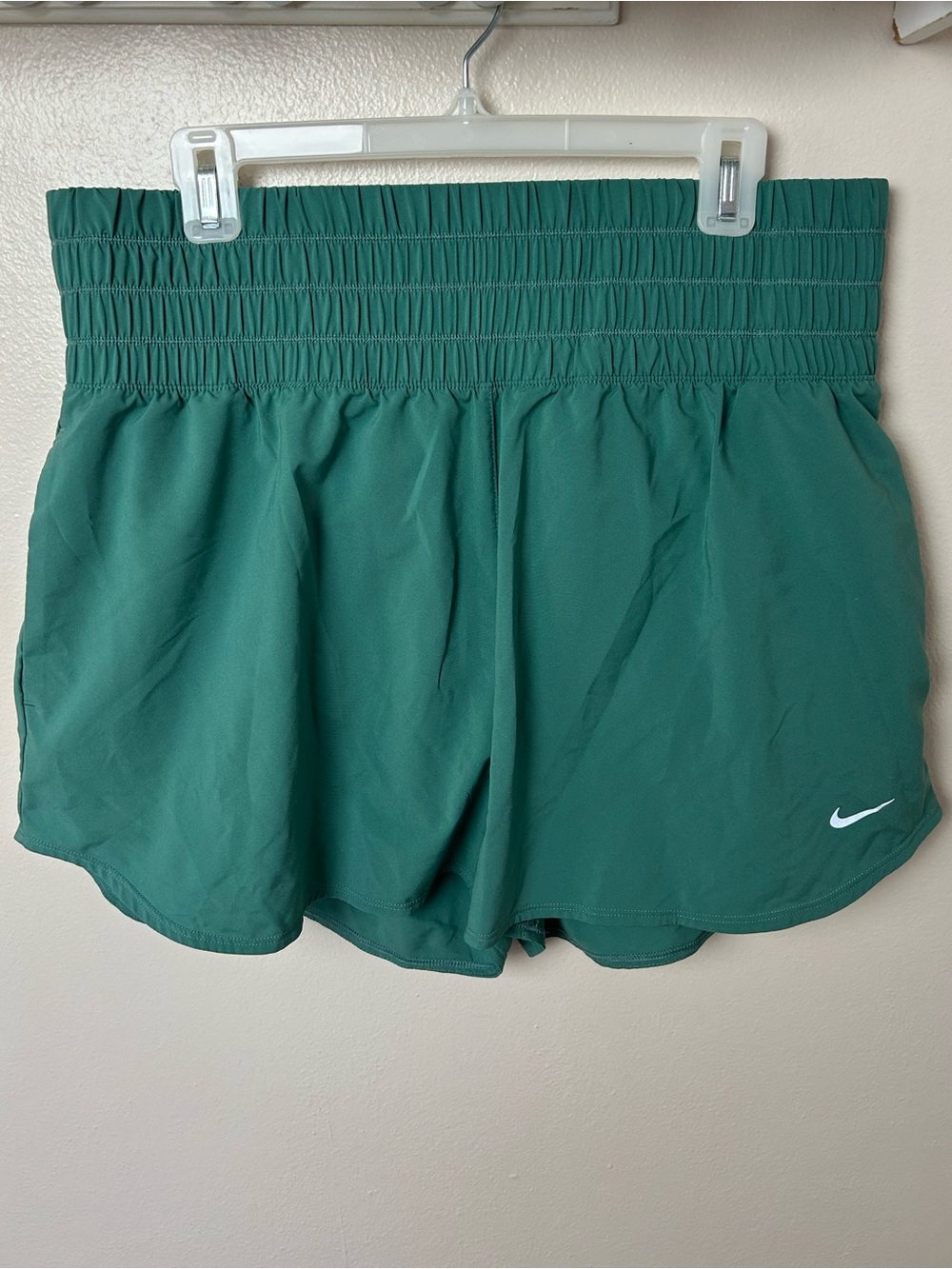 Nike Women's Dri-Fit High Waisted Forest Green Elastic-Waist Athletic Shorts - Picture 2 of 5